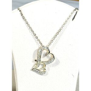 Silver Tone Double Heart Sister Necklace Rhinestone Engraved Love So Strongly